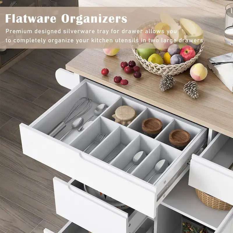 Îlot de cuisine avec plateau en bois, îlot mobile sur roulettes verrouillables, chariot roulant avec organisateur de couverts et 8 tiroirs sans poignée