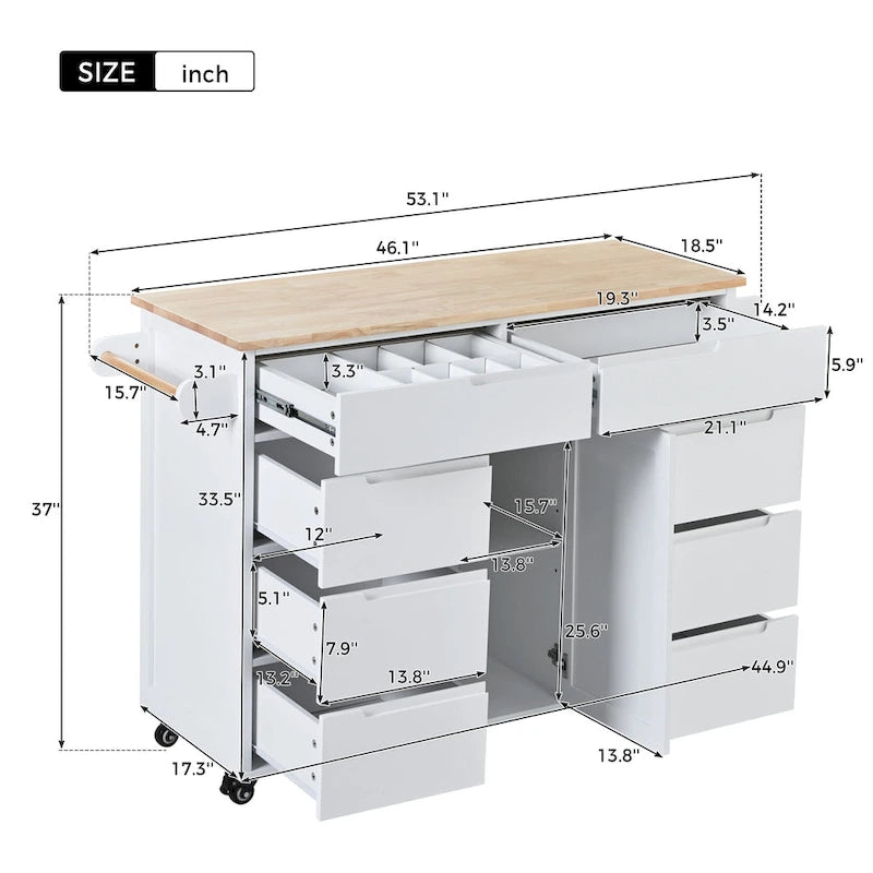 Îlot de cuisine avec plateau en bois, îlot mobile sur roulettes verrouillables, chariot roulant avec organisateur de couverts et 8 tiroirs sans poignée