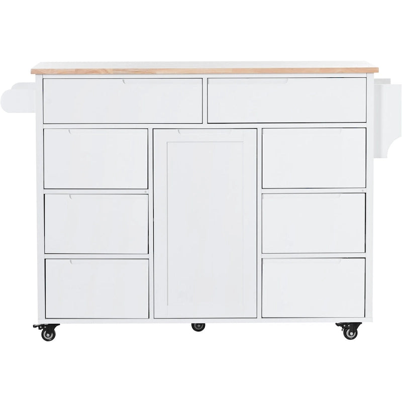 Îlot de cuisine avec plateau en bois, îlot mobile sur roulettes verrouillables, chariot roulant avec organisateur de couverts et 8 tiroirs sans poignée