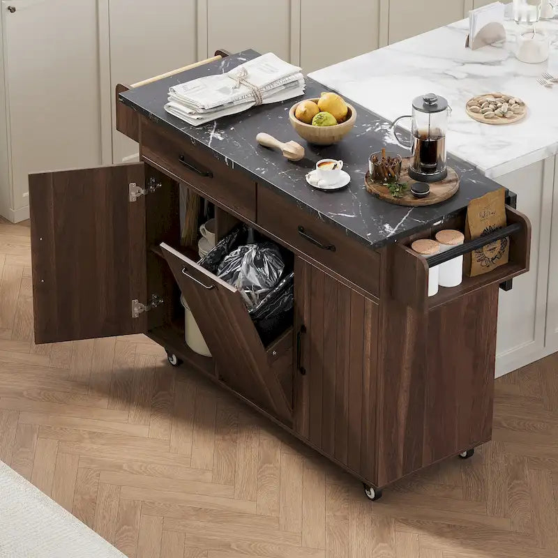 Îlot de cuisine avec meuble de rangement pour poubelle, îlot de cuisine roulant sur roulettes avec étagère réglable, abattant et tiroir
