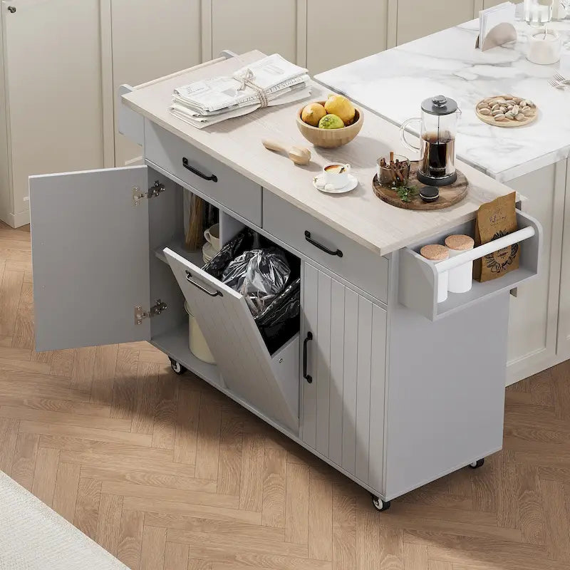 Îlot de cuisine avec meuble de rangement pour poubelle, îlot de cuisine roulant sur roulettes avec étagère réglable, abattant et tiroir