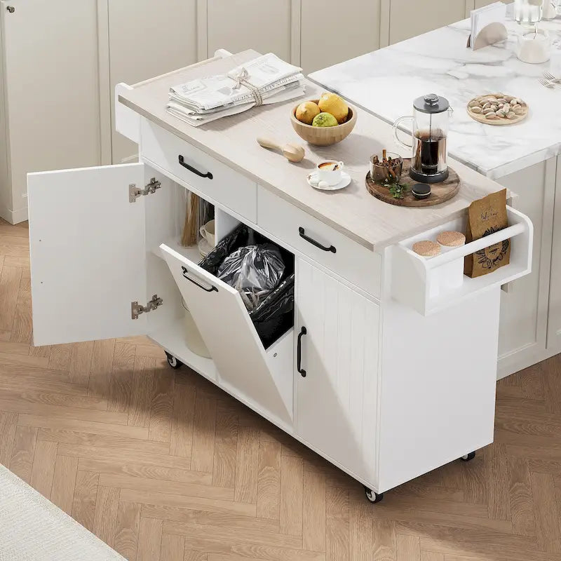 Îlot de cuisine avec meuble de rangement pour poubelle, îlot de cuisine roulant sur roulettes avec étagère réglable, abattant et tiroir