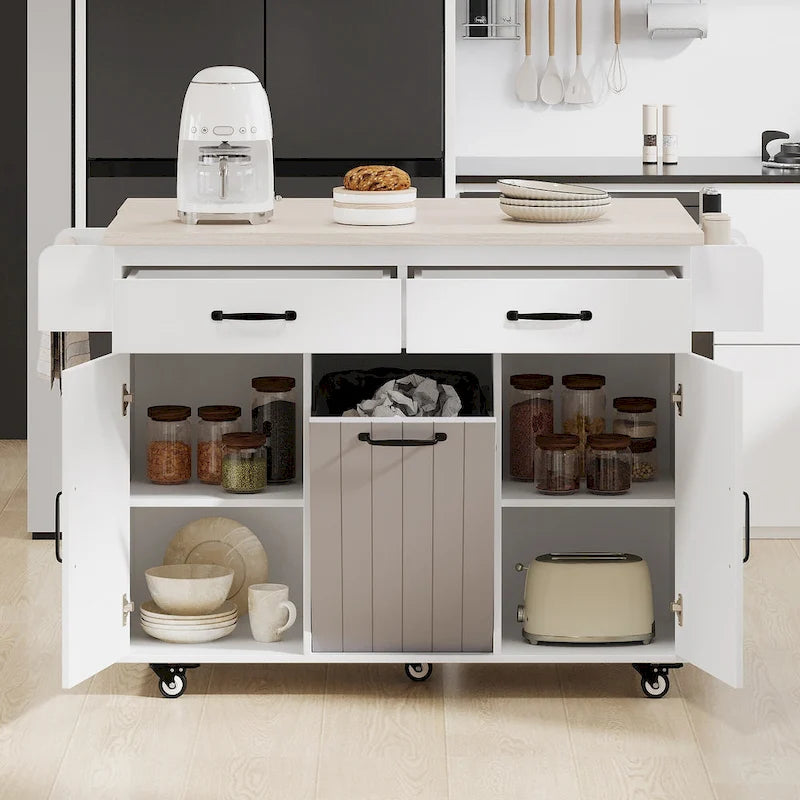 Îlot de cuisine avec meuble de rangement pour poubelle, îlot de cuisine roulant sur roulettes avec étagère réglable, abattant et tiroir