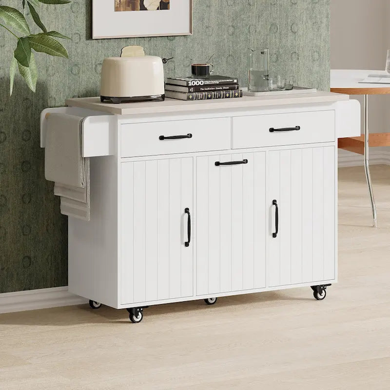 Îlot de cuisine avec meuble de rangement pour poubelle, îlot de cuisine roulant sur roulettes avec étagère réglable, abattant et tiroir