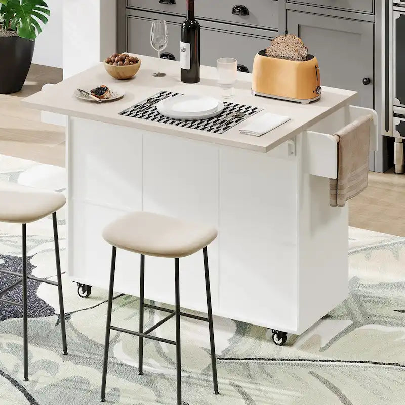 Îlot de cuisine avec meuble de rangement pour poubelle, îlot de cuisine roulant sur roulettes avec étagère réglable, abattant et tiroir