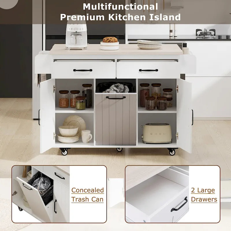 Îlot de cuisine avec meuble de rangement pour poubelle, îlot de cuisine roulant sur roulettes avec étagère réglable, abattant et tiroir