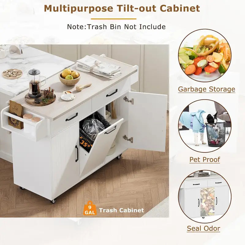 Îlot de cuisine avec meuble de rangement pour poubelle, îlot de cuisine roulant sur roulettes avec étagère réglable, abattant et tiroir