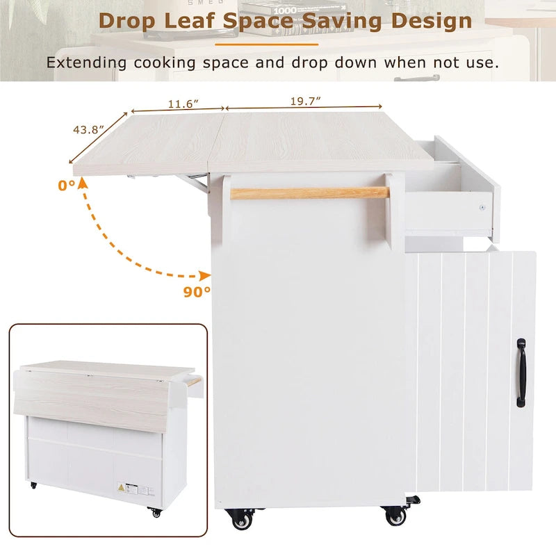 Îlot de cuisine avec meuble de rangement pour poubelle, îlot de cuisine roulant sur roulettes avec étagère réglable, abattant et tiroir