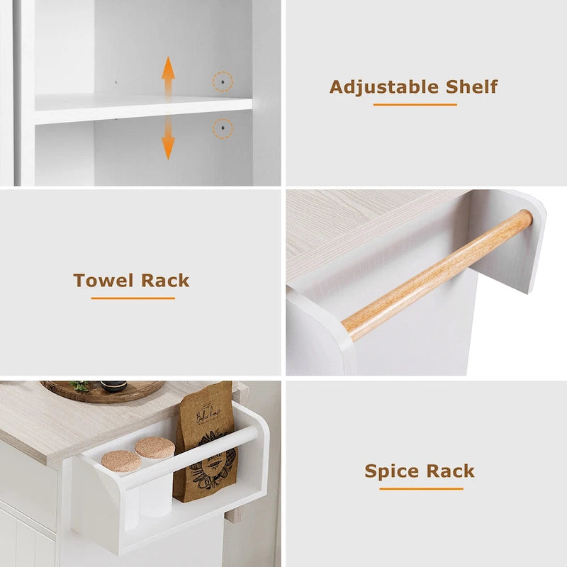 Îlot de cuisine avec meuble de rangement pour poubelle, îlot de cuisine roulant sur roulettes avec étagère réglable, abattant et tiroir