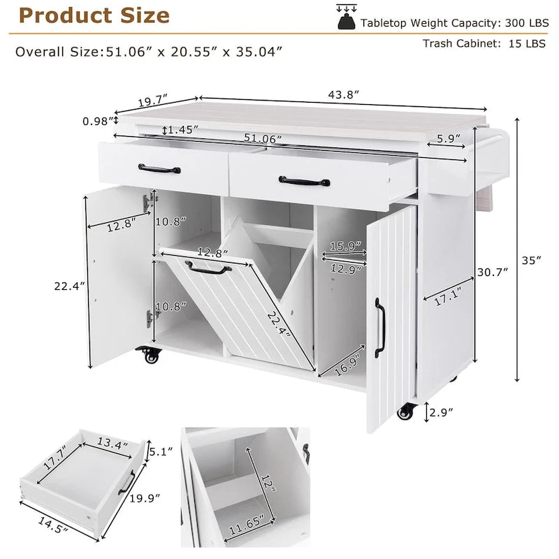 Îlot de cuisine avec meuble de rangement pour poubelle, îlot de cuisine roulant sur roulettes avec étagère réglable, abattant et tiroir