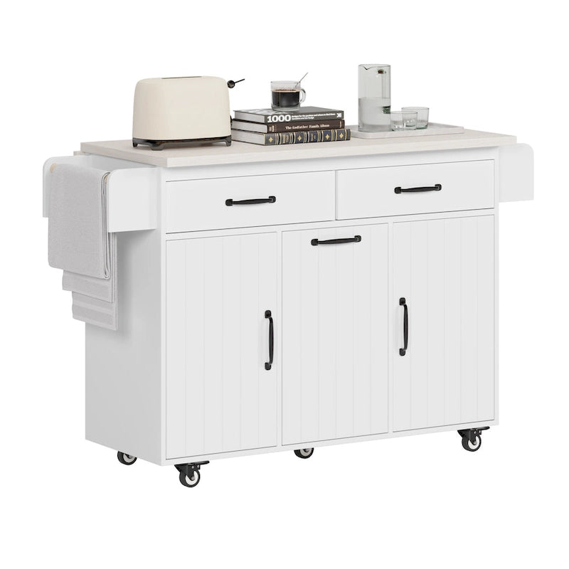 Îlot de cuisine avec meuble de rangement pour poubelle, îlot de cuisine roulant sur roulettes avec étagère réglable, abattant et tiroir