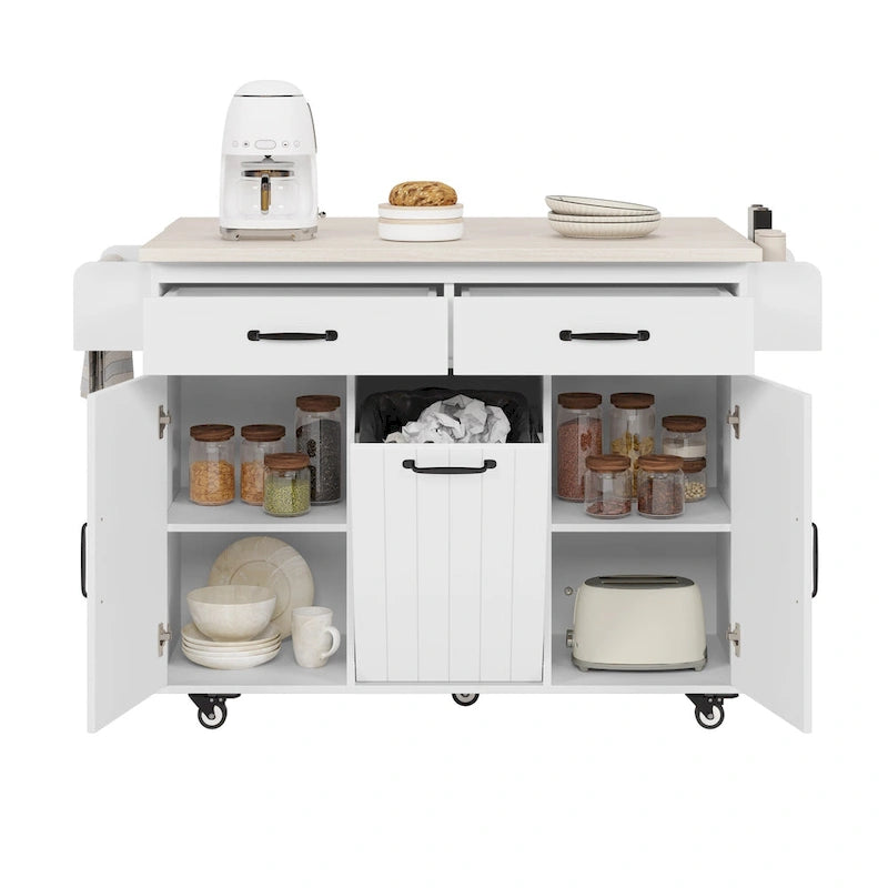 Îlot de cuisine avec meuble de rangement pour poubelle, îlot de cuisine roulant sur roulettes avec étagère réglable, abattant et tiroir