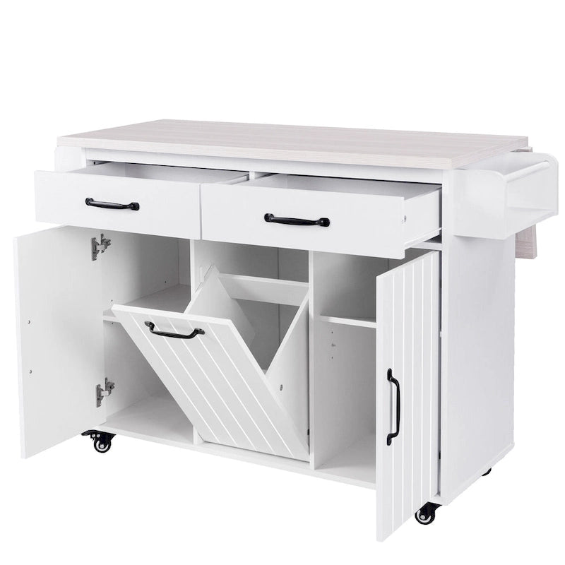 Îlot de cuisine avec meuble de rangement pour poubelle, îlot de cuisine roulant sur roulettes avec étagère réglable, abattant et tiroir