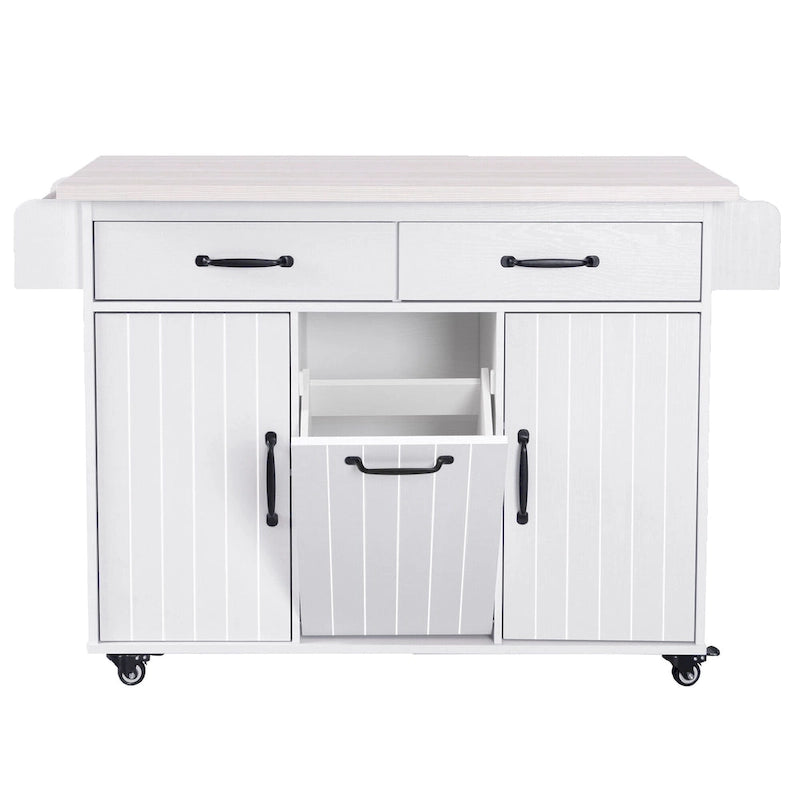 Îlot de cuisine avec meuble de rangement pour poubelle, îlot de cuisine roulant sur roulettes avec étagère réglable, abattant et tiroir