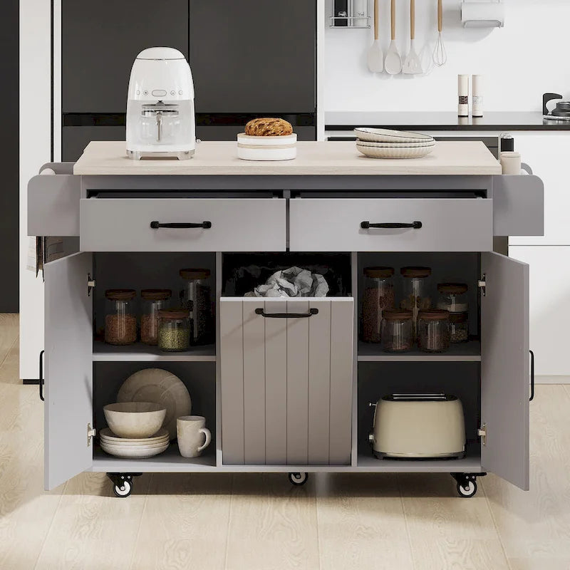 Îlot de cuisine avec meuble de rangement pour poubelle, îlot de cuisine roulant sur roulettes avec étagère réglable, abattant et tiroir