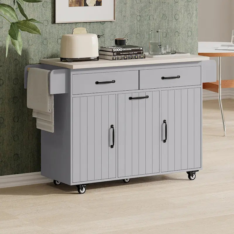 Îlot de cuisine avec meuble de rangement pour poubelle, îlot de cuisine roulant sur roulettes avec étagère réglable, abattant et tiroir