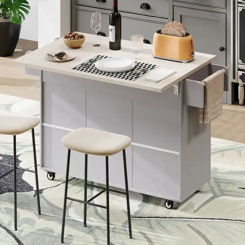 Îlot de cuisine avec meuble de rangement pour poubelle, îlot de cuisine roulant sur roulettes avec étagère réglable, abattant et tiroir