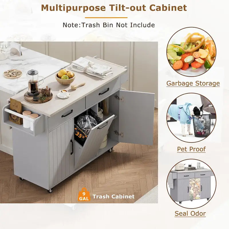 Îlot de cuisine avec meuble de rangement pour poubelle, îlot de cuisine roulant sur roulettes avec étagère réglable, abattant et tiroir