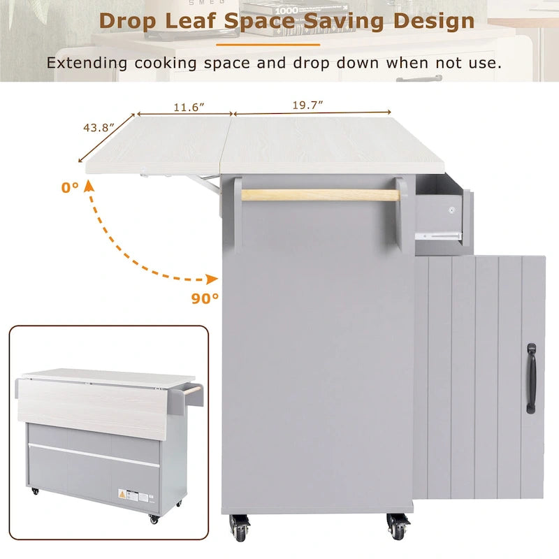 Îlot de cuisine avec meuble de rangement pour poubelle, îlot de cuisine roulant sur roulettes avec étagère réglable, abattant et tiroir