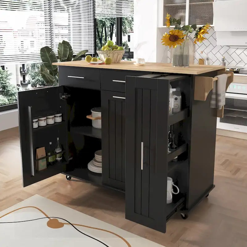 Desserte de cuisine roulante, îlot de cuisine avec armoire coulissante à 3 niveaux, chariot portatif avec abattant et 2 tiroirs