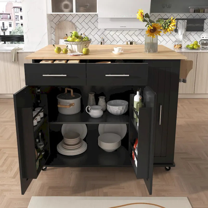 Desserte de cuisine roulante, îlot de cuisine avec armoire coulissante à 3 niveaux, chariot portatif avec abattant et 2 tiroirs
