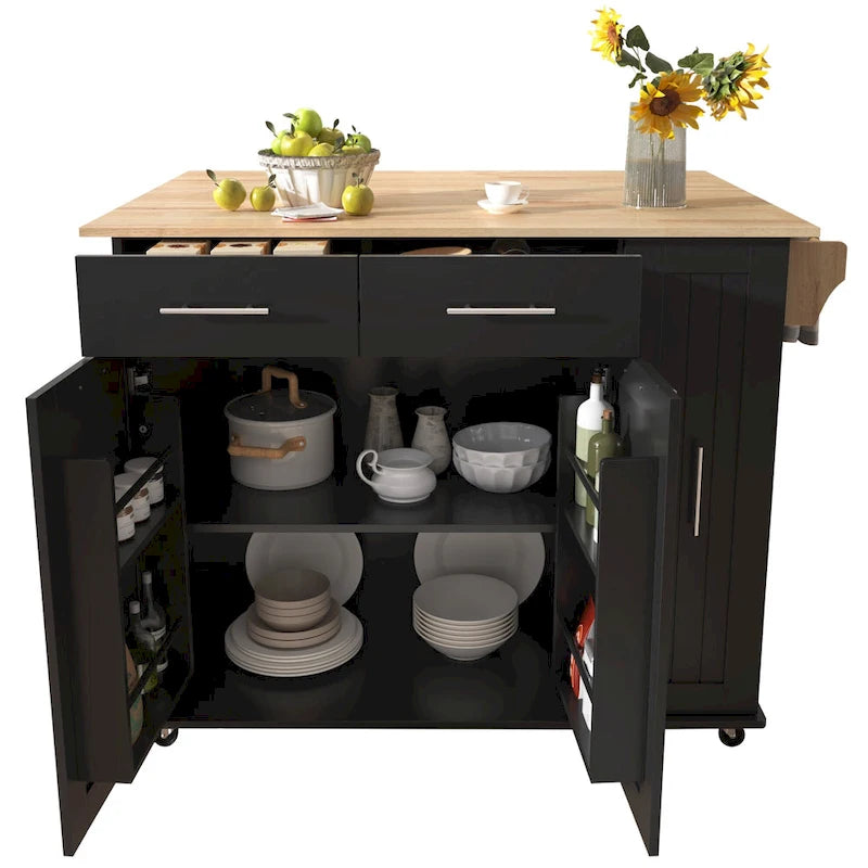 Desserte de cuisine roulante, îlot de cuisine avec armoire coulissante à 3 niveaux, chariot portatif avec abattant et 2 tiroirs