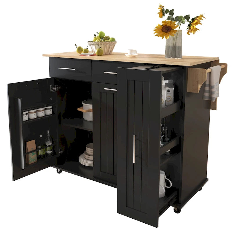 Desserte de cuisine roulante, îlot de cuisine avec armoire coulissante à 3 niveaux, chariot portatif avec abattant et 2 tiroirs