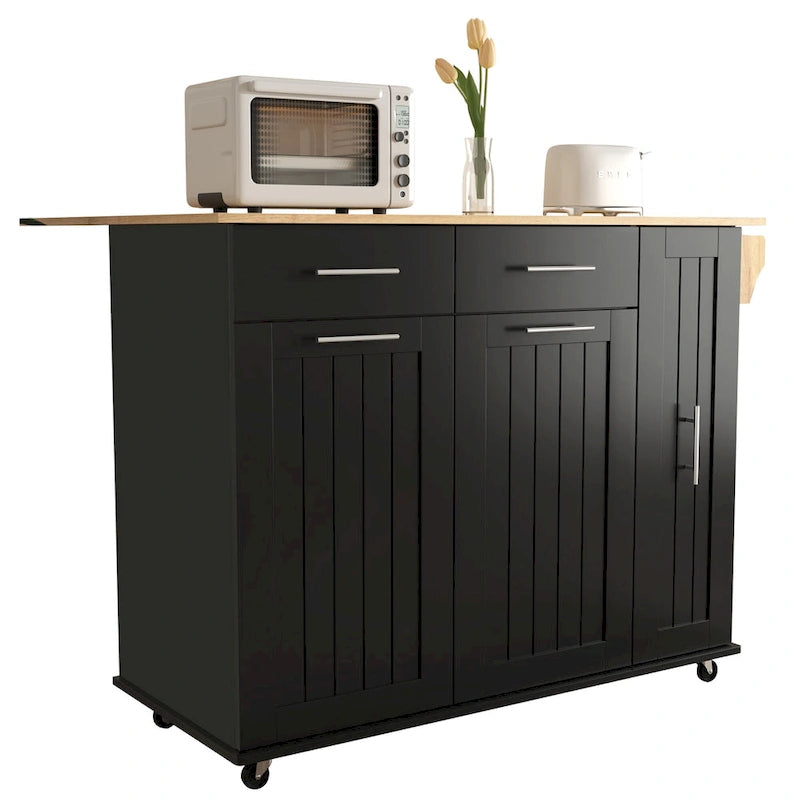 Desserte de cuisine roulante, îlot de cuisine avec armoire coulissante à 3 niveaux, chariot portatif avec abattant et 2 tiroirs