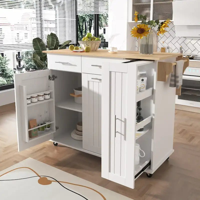 Desserte de cuisine roulante, îlot de cuisine avec armoire coulissante à 3 niveaux, chariot portatif avec abattant et 2 tiroirs
