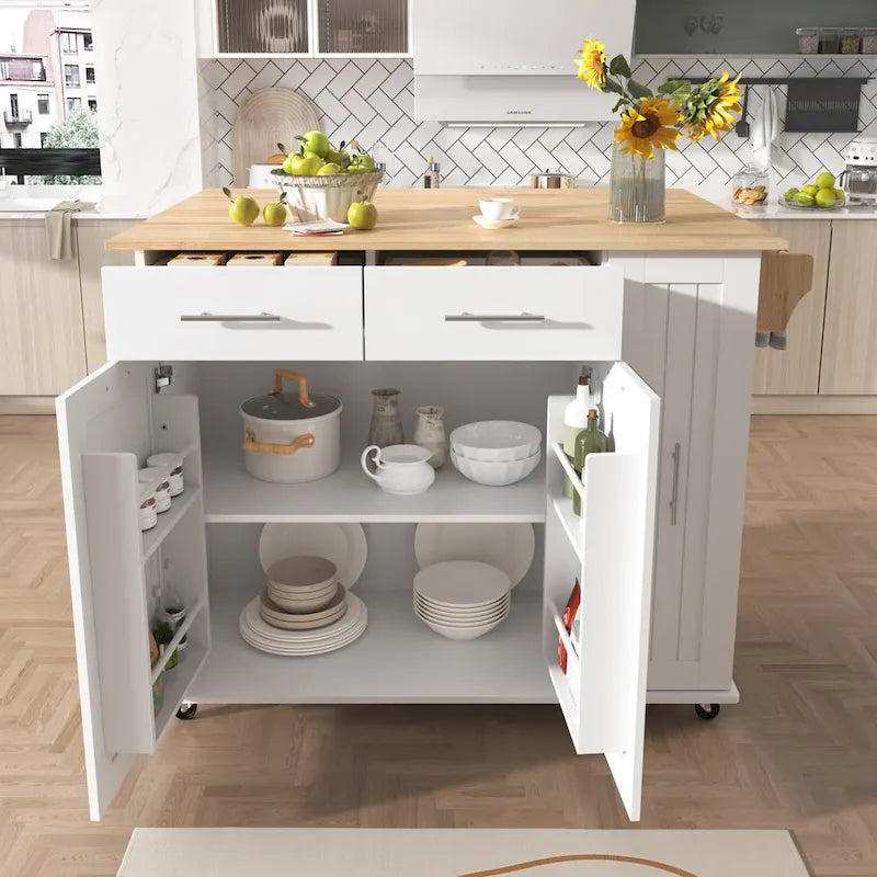 Desserte de cuisine roulante, îlot de cuisine avec armoire coulissante à 3 niveaux, chariot portatif avec abattant et 2 tiroirs