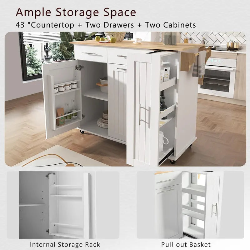 Desserte de cuisine roulante, îlot de cuisine avec armoire coulissante à 3 niveaux, chariot portatif avec abattant et 2 tiroirs