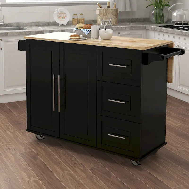 Grand îlot de cuisine de ferme Îlot de cuisine mobile moderne Étagère à épices Porte-serviettes et plan de travail extensible en bois massif