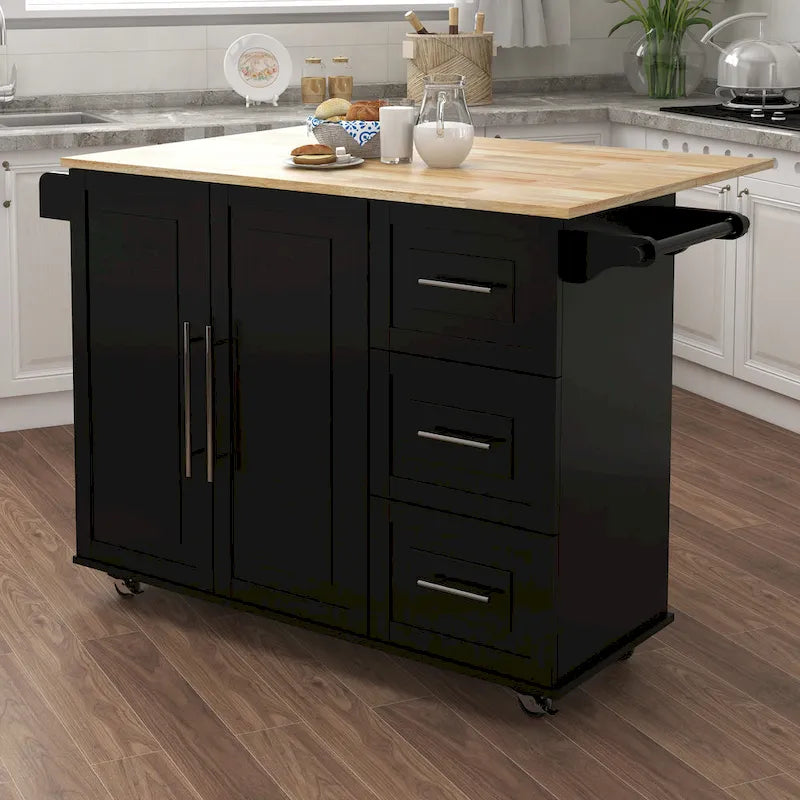 Grand îlot de cuisine de ferme Îlot de cuisine mobile moderne Étagère à épices Porte-serviettes et plan de travail extensible en bois massif