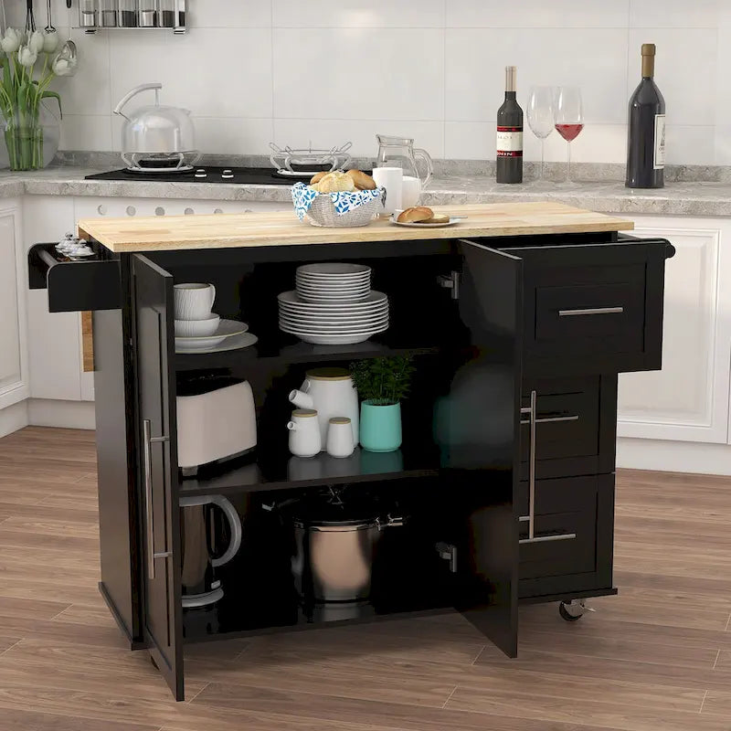 Grand îlot de cuisine de ferme Îlot de cuisine mobile moderne Étagère à épices Porte-serviettes et plan de travail extensible en bois massif