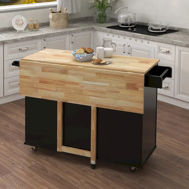 Grand îlot de cuisine de ferme Îlot de cuisine mobile moderne Étagère à épices Porte-serviettes et plan de travail extensible en bois massif