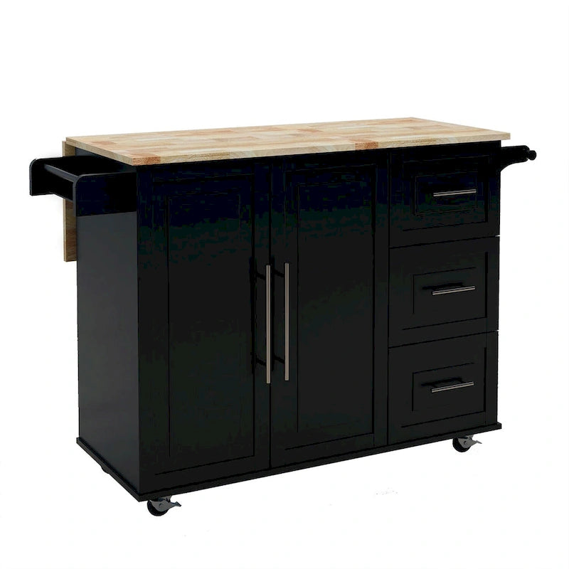 Grand îlot de cuisine de ferme Îlot de cuisine mobile moderne Étagère à épices Porte-serviettes et plan de travail extensible en bois massif
