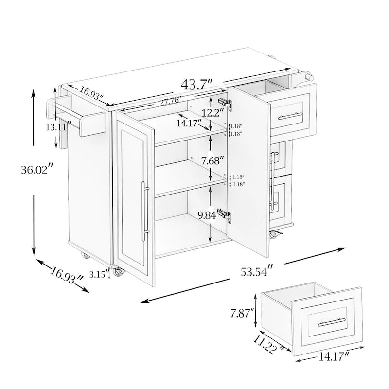 Grand îlot de cuisine de ferme Îlot de cuisine mobile moderne Étagère à épices Porte-serviettes et plan de travail extensible en bois massif
