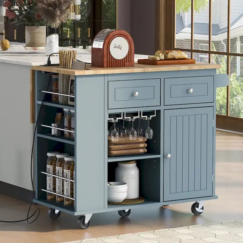 Îlot de Cuisine avec Prise de Courant, Îlot de Rangement de Cuisine avec Abattant et Bois d'Hévéa, 5 Roues