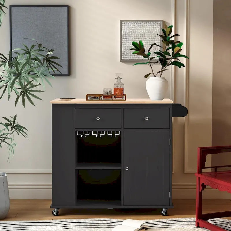 Roomfitters Kitchen Island with Power Outlet, Kitchen Storage Island with Drop Leaf and Rubber Wood, 5 Wheels
