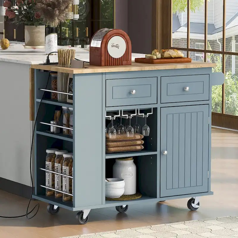 Îlot de Cuisine avec Prise de Courant, Îlot de Rangement de Cuisine avec Abattant et Bois d'Hévéa, 5 Roues