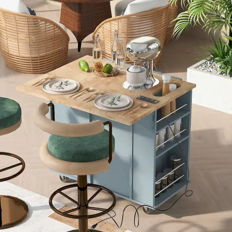 Îlot de Cuisine avec Prise de Courant, Îlot de Rangement de Cuisine avec Abattant et Bois d'Hévéa, 5 Roues