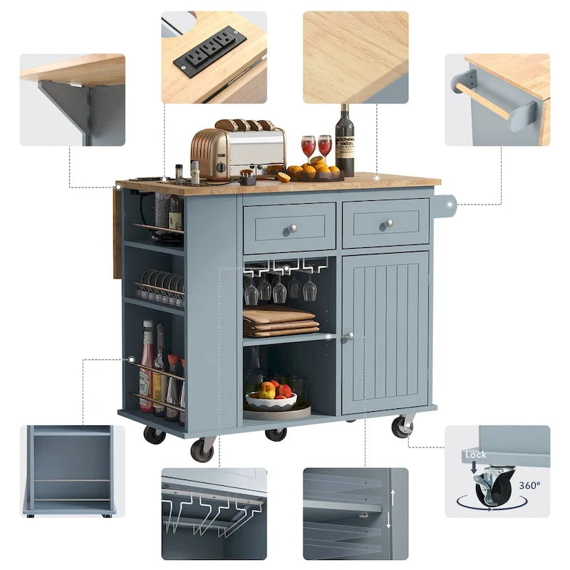 Îlot de Cuisine avec Prise de Courant, Îlot de Rangement de Cuisine avec Abattant et Bois d'Hévéa, 5 Roues