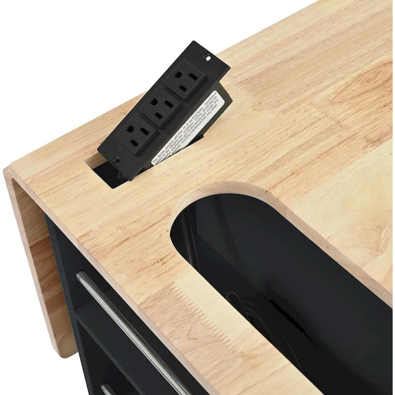 Îlot de Cuisine avec Prise de Courant, Îlot de Rangement de Cuisine avec Abattant et Bois d'Hévéa, 5 Roues