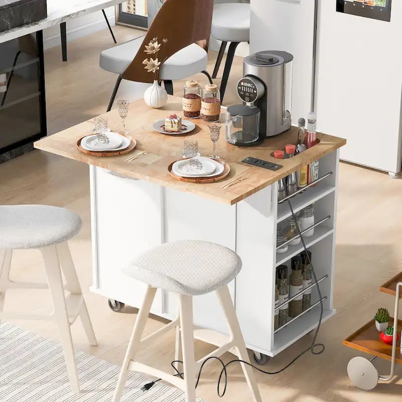 Îlot de Cuisine avec Prise de Courant, Îlot de Rangement de Cuisine avec Abattant et Bois d'Hévéa, 5 Roues