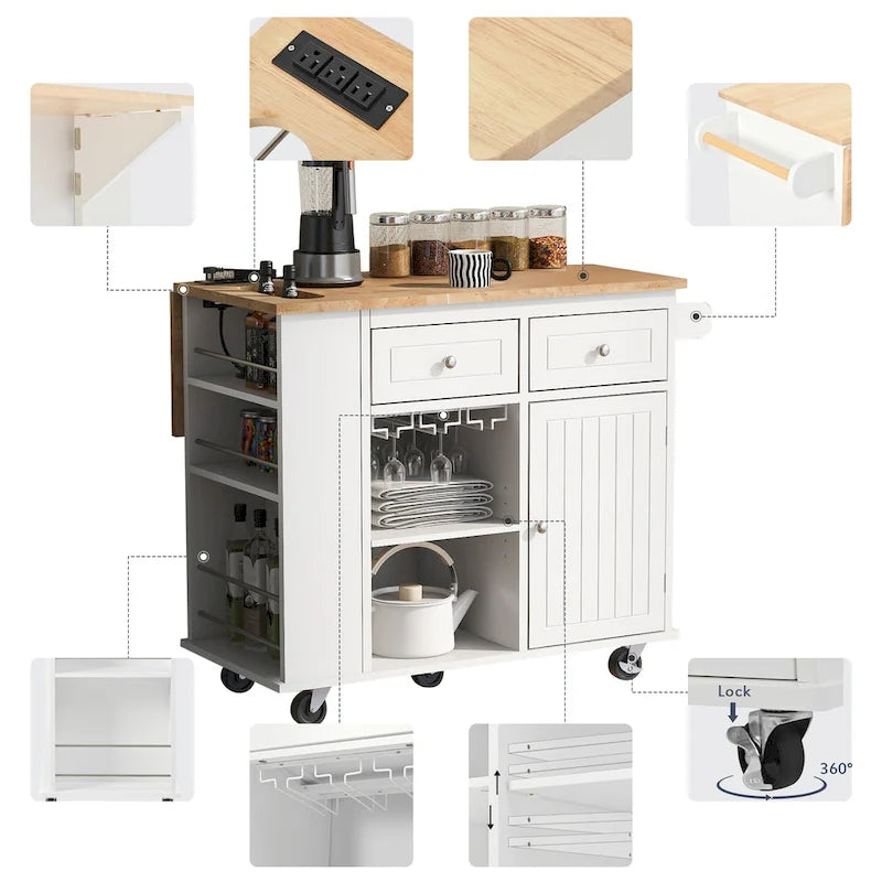 Îlot de Cuisine avec Prise de Courant, Îlot de Rangement de Cuisine avec Abattant et Bois d'Hévéa, 5 Roues