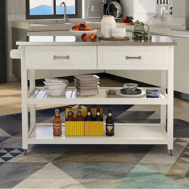 Chariot de cuisine blanc en acier inoxydable avec deux tiroirs