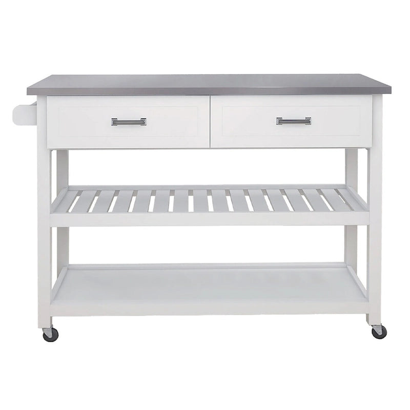 Chariot de cuisine blanc en acier inoxydable avec deux tiroirs