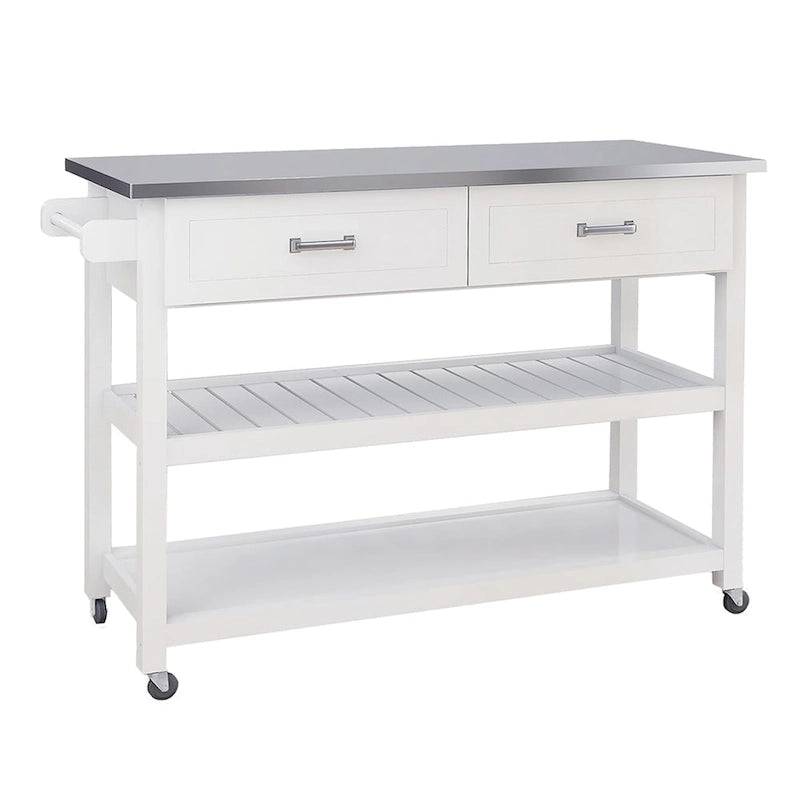Chariot de cuisine blanc en acier inoxydable avec deux tiroirs
