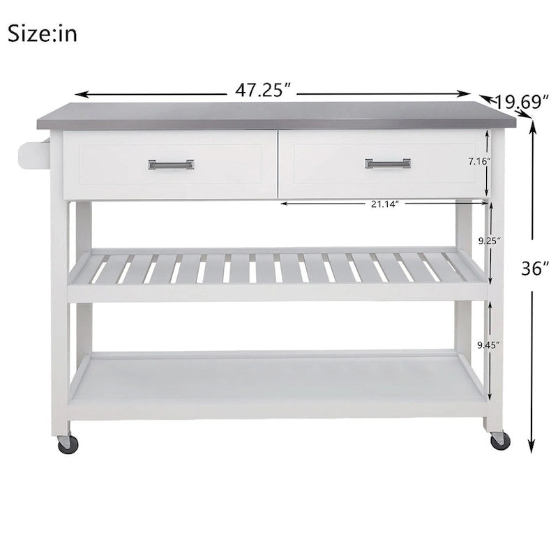 Chariot de cuisine blanc en acier inoxydable avec deux tiroirs