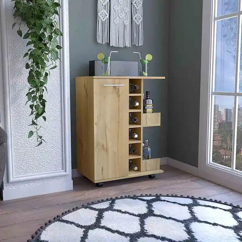 Chariot de bar en bois, desserte de cuisine avec porte-bouteilles et armoire à 1 porte, 60x37,5x81,8 cm.